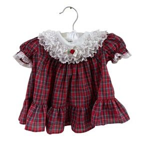 Vintage Red Plaid Baby Dress with Lace Collar + white lace dress